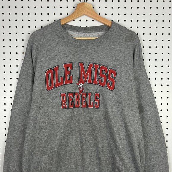 Ole Miss Rebels Vintage Crewneck Sweatshirt Size Large Gray Worn Distressed 90s - Picture 2 of 7